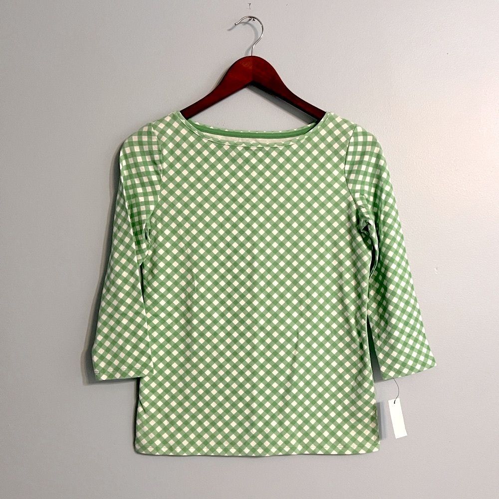 NWT Talbots Pima Cotton Bateau Neck Tee Green Gingham Sz Petite //Quarter Sleeve - Picture 1 of 12